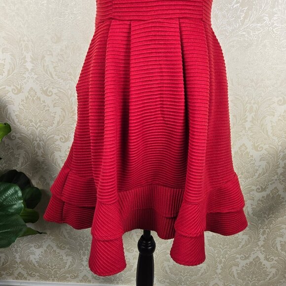 Buttons Size S Red Fit & Flare Dress Sequins Embroidery Textured Cap Sleeve NWT - Picture 2 of 16